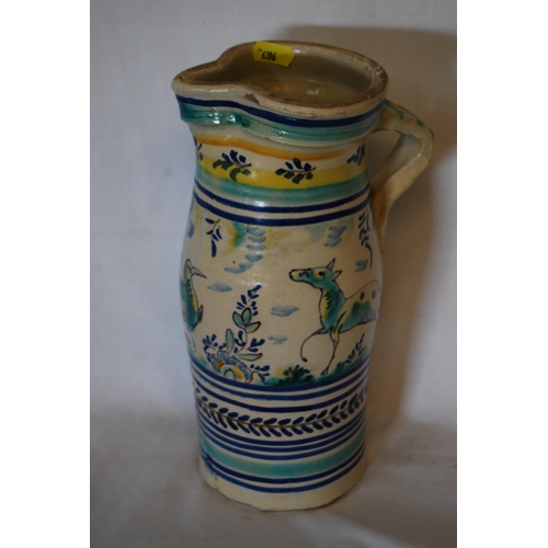 14 - STONEWARE MAJOLICA JUG DECORATED WITH STYLIZED BIRDS & ANIMALS (27cm)