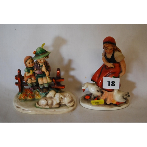 18 - HUMMEL PORCELAIN FIGURINE OF BOY & GIRL SEATED ON STILE AND FREIDEL PORCELAIN FIGURE OF GIRL WITH DU... 