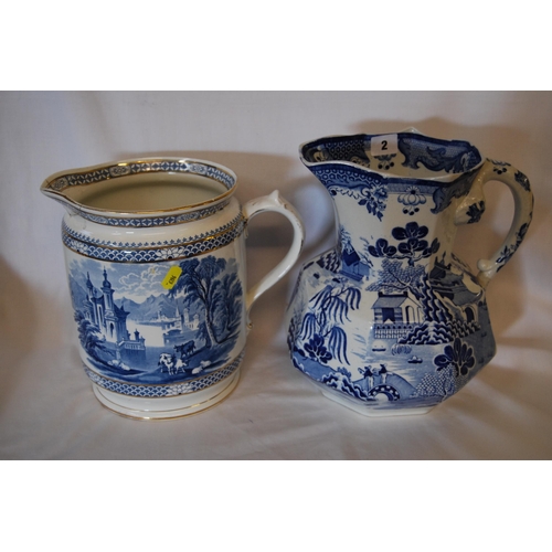 2 - MASONS BLUE & WHITE TRANSFER PRINTED JUG WITH SERPENT HANDLE (28cm) AND CETEM WARE TRANSFER PRINTED ... 