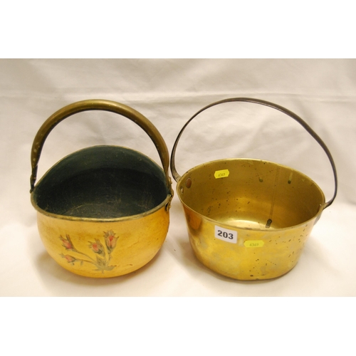 203 - 19TH CENTURY BRASS PRESERVING PAN AND BRASS & PAINTED HELMET SHAPED PLANTER