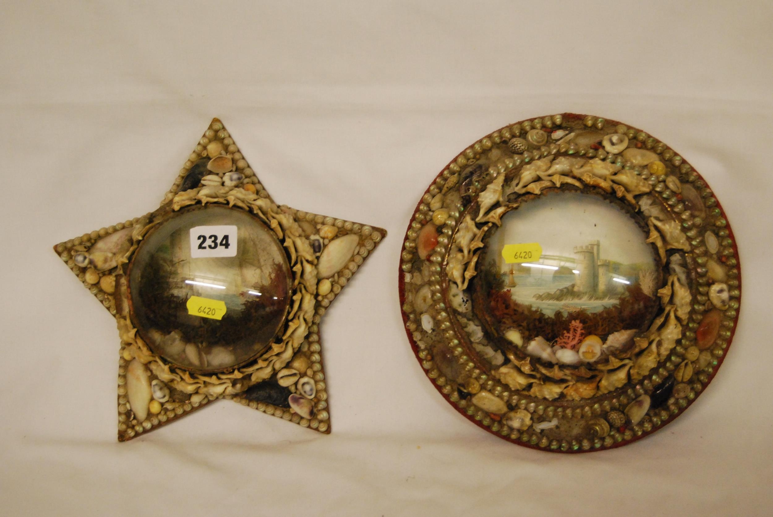 2 VICTORIAN SEASHELL ART BUBBLE GLASS DIORAMAS (A/F)