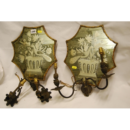 249 - PAIR OF LATE 19TH CENTURY GILT METAL GIRONDOLES WITH ETCHED MIRROR GLASS PANELS (1 A/F)