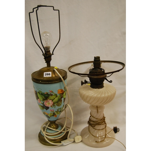 266 - 19TH CENTURY CONTINENTAL PORCELAIN & BRASS URN HAND PAINTED FLOWERS (CONVERTED TO ELECTRIC) AND OPAQ... 