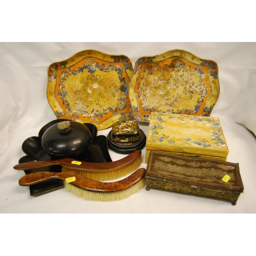 267 - 19TH CENTURY WIRE MESH & EMBROIDERED BOX, EBONY DRESSING TABLE POWDER BOX, PAPIER MACHE CRUMB SCOOPE... 