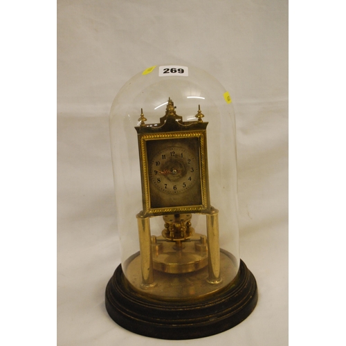 269 - GUSTAV BECKER ANNIVERSARY BRASS CLOCK WITH SILVERED DIAL IN GLASS DOME (MAKERS STAMP ON BACK)