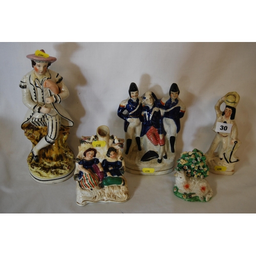 30 - FIVE 19TH CENTURY STAFFORDSHIRE FLATBACK FIGURES INCLUDING 