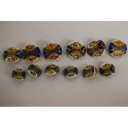 383 - SIX ENAMEL BUTTONS & 6 SMALL MATCHING BUTTONS