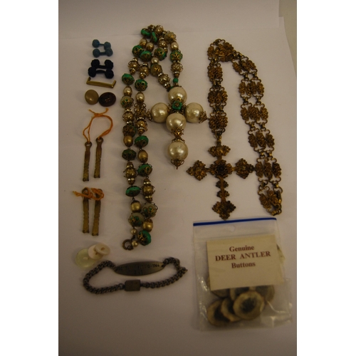 385 - ORNATE GILT METAL NECKLACE & CROSS AND TURQUOISE & FAUX PEARL NECKLACE