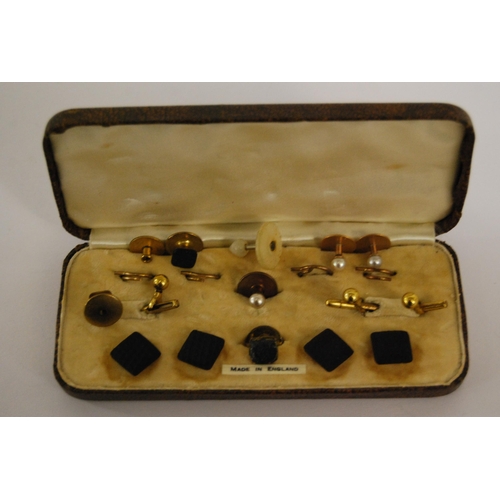 389 - LAMBOURNES JET STUD SET IN CASE, 3 YELLOW METAL & MOTHER OF PEARL STUDS & ONE OTHER