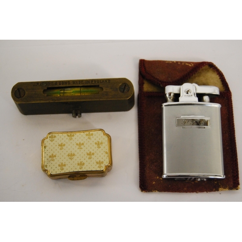 393 - RABONE MINIATURE BRASS SPIRIT LEVEL, ROBSON CIGARETTE LIGHTER, ETC