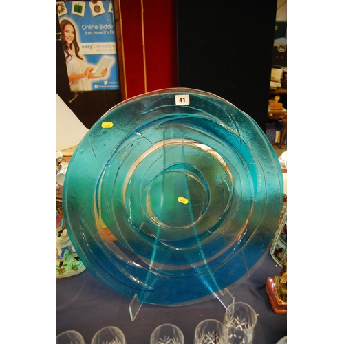 41 - LARGE STUDIO BLUE GLASS PLATE WITH HOLES (52cm)