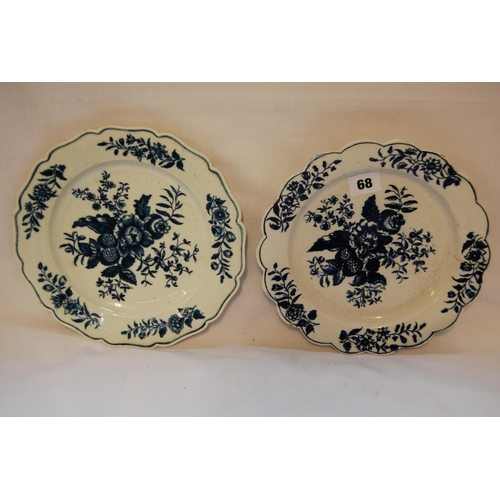 68 - TWO 18TH CENTURY WORCESTER BLUE & WHITE PEARL WARE PLATES HAND PAINTED FLOWERS