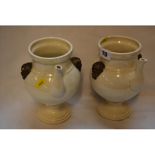 70 - PAIR OF 19TH CENTURY CREAMWARE CHINA WINE VESSELS WITH SPOUTS & GILDED BACCHUS FACE MASKS (19cm)