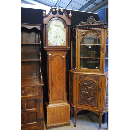 748 - 18TH CENTURY GRANDFATHER CLOCK WITH ARCHED PAINTED DIAL, IN OAK AND MAHOGANY CASE, SHELL INLAID DOOR... 