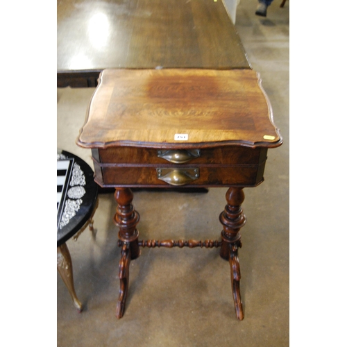 751 - EARLY VICTORIAN MAHOGANY AND ROSEWOOD SEWING TABLE FITTED INTERIOR WITH LIFT UP LID, 2 DRAWERS (1 FA... 