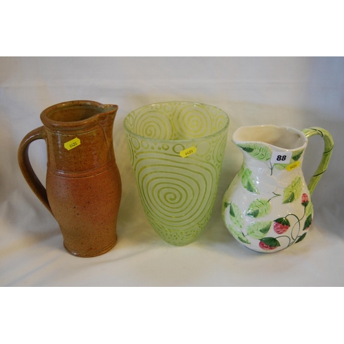 88 - GREEN TINTED ACID ETCHED GLASS VASE, SEMI GLAZED STONEWARE JUG & CHINA JUG DECORATED STRAWBERRIES