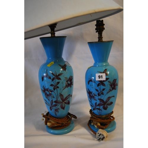 91 - PAIR OF VICTORIAN BLUE GLASS VASES DECORATED FLOWERS (CONVERTED TO TABLE LAMPS) (32cm)