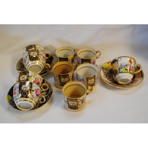 94 - 19TH CENTURY RICHLY DECORATED HAND PAINTED SET OF 5 COFFEE CANS, 5 TEACUPS & 3 SAUCERS