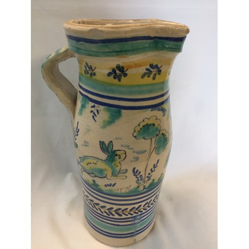 14 - STONEWARE MAJOLICA JUG DECORATED WITH STYLIZED BIRDS & ANIMALS (27cm)