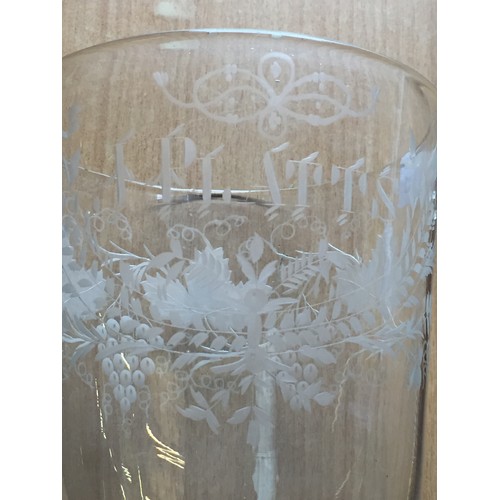 115 - 19TH CENTURY GLASS WINE COOLER, ON KNOP STEM & CIRCULAR FOOT, ENGRAVED GRAPES & VINES AND LARGE ETCH... 