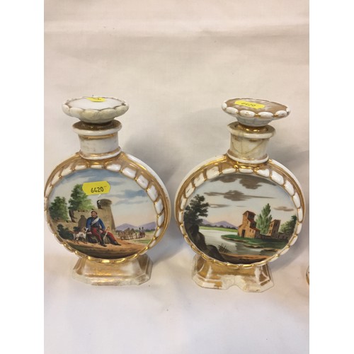 138 - PAIR OF MEISSEN 2 HANDLED TABLE URNS HAND PAINTED WITH GALLEONS & BOATS & FLOWERS (A/F) (15cm) AND P... 