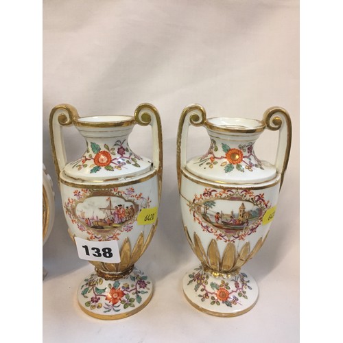 138 - PAIR OF MEISSEN 2 HANDLED TABLE URNS HAND PAINTED WITH GALLEONS & BOATS & FLOWERS (A/F) (15cm) AND P... 