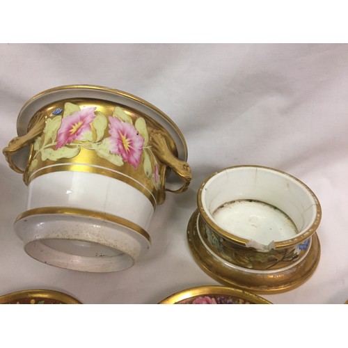 148 - SIX 19TH CENTURY SPODE HAND PAINTED PORCELAIN SAUCERS & 2 CONTINENTAL PORCELAIN VASES (A/F)