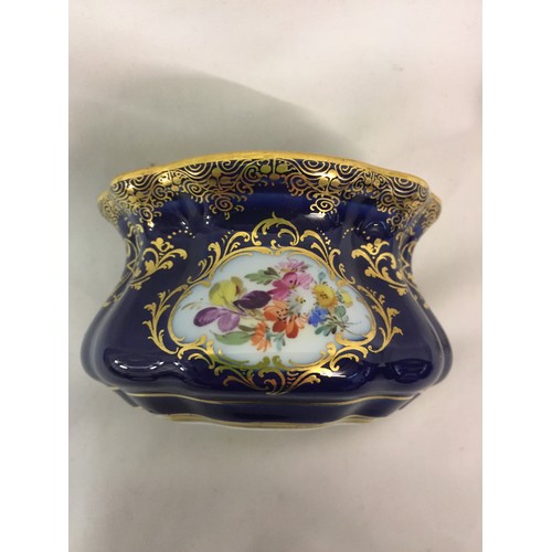 150 - MEISSEN PORCELAIN INK POT BLUE GROUND WITH FLORAL PANELS, GOLD DECORATION & LID