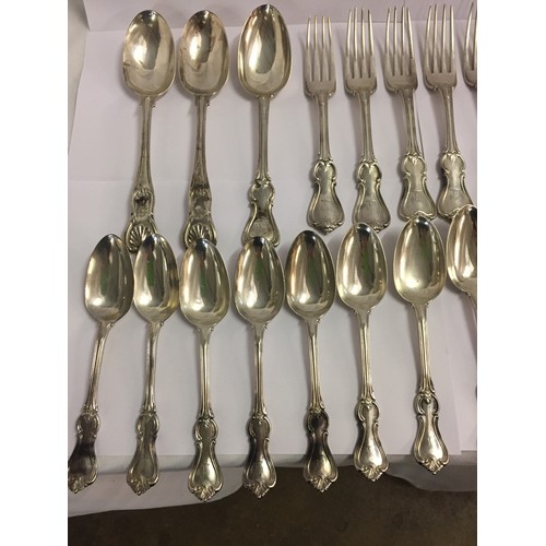 360 - 6 SILVER DINNER FORKS,  6 SILVER DESSERT FORKS, 12 SILVER DESSERT SPOONS, 3 SILVER SERVING SPOONS, 2... 