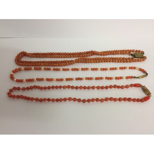 374 - DOUBLE CORAL NECKLACE & 2 SINGLE NECKLACES