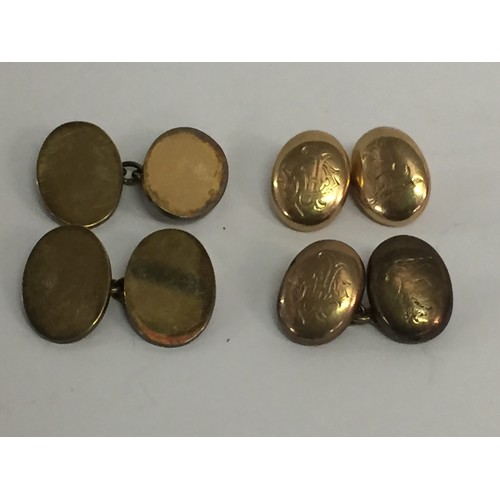 387 - PAIR OF 10ct GOLD CUFFLINKS (8g) AND PAIR OF SILVER CUFFLINKS (0.4ozs)