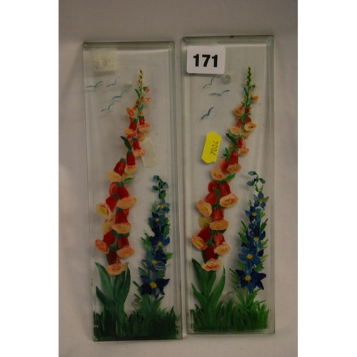 171 - PAIR OF ART DECO HAND PAINTED GLASS DOOR PLATES