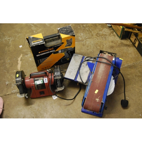 178 - TOOLTEC 18v CORDLESS DRILL, REXON BENCH GRINDER & RSBDS DISC/BET SANDER