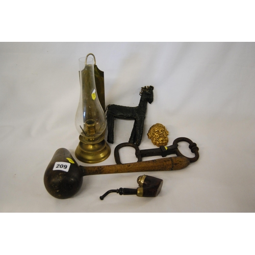 209 - VINTAGE CAST IRON BULL'S NOSE RING LEADER, OIL LAMP, ETC