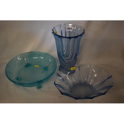 211 - BLUE TINTED GLASS VASE & 2 BOWLS