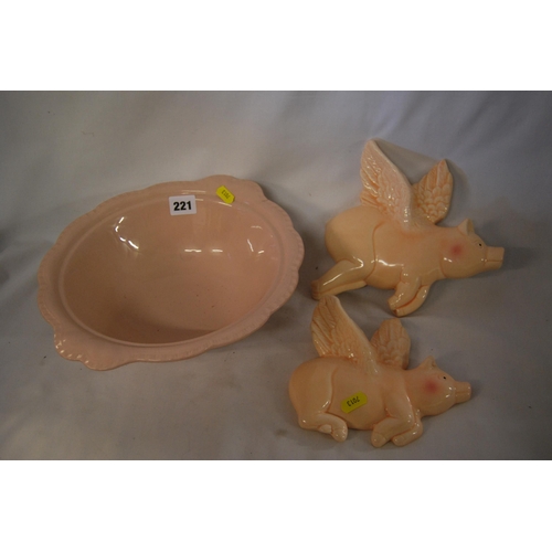 221 - PAIR OF PINK POTTERY FLYING PIGS & BOWL