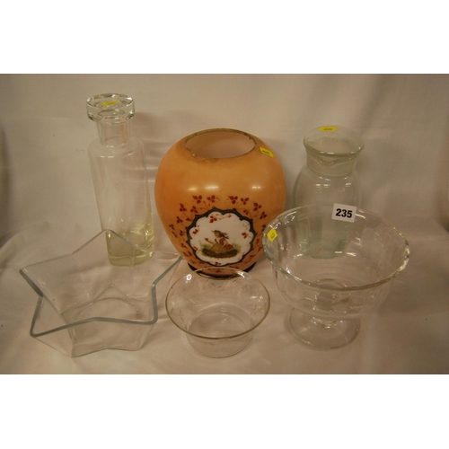 235 - GLASS COCKTAIL SHAKER, OIL LAMP SHADE, DISHES, ETC