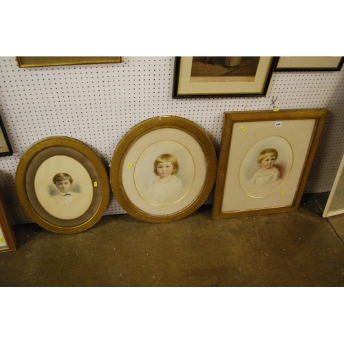 344 - 3 COLOURED PORTRAITS OF BERTHA CHAPLIN, FRED CHAPLIN & CHARLIE CHAPLIN IN GILT FRAMES