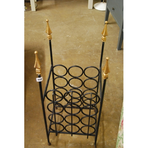 405 - WROUGHT IRON BOTTLE RACK WITH PAINTED GOLD FINIALS