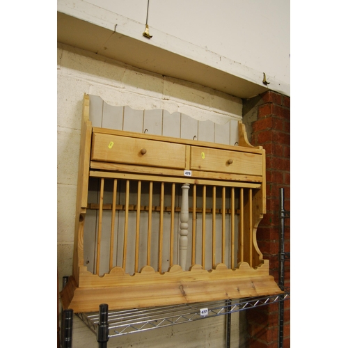 476 - PINE WALL PLATE RACK FITTED 2 DRAWERS