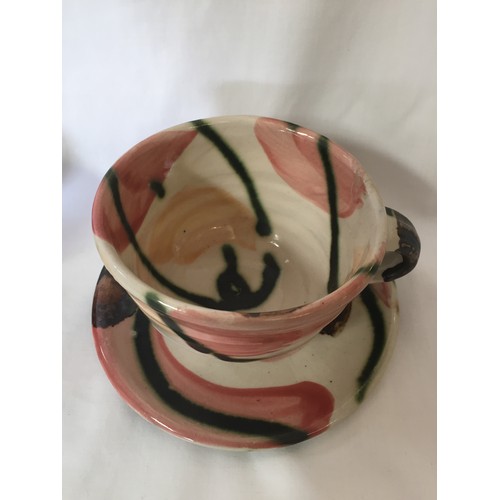 38 - SANDY BROWN MULTICOLOURED STONEWARE BOWL (22cm), BREAKFAST CUP & SAUCER AND MUG