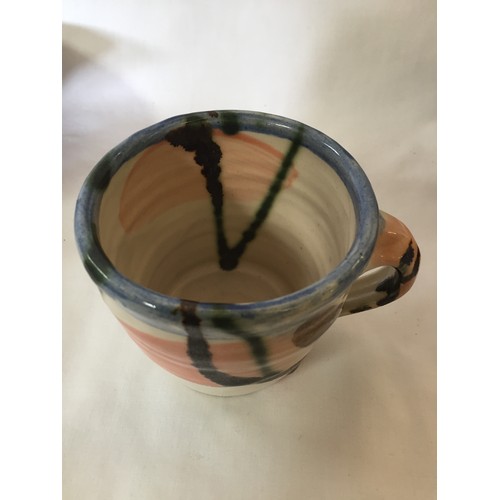 38 - SANDY BROWN MULTICOLOURED STONEWARE BOWL (22cm), BREAKFAST CUP & SAUCER AND MUG