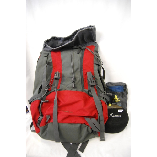 379 - VENTURA 40L RUCKSACK, MICROFIBRE TOWEL & LAKEN FOOD TIN