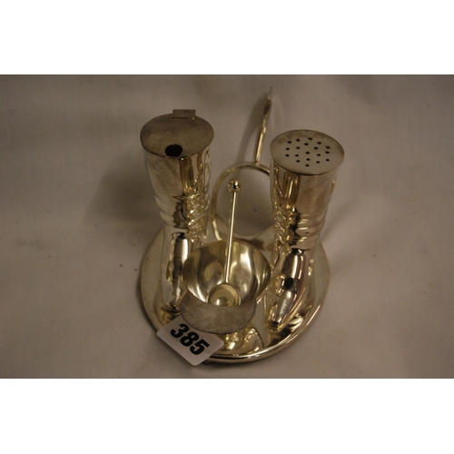 385 - SILVER PLATED JOCKEY BOOTS & CAP CRUET SET