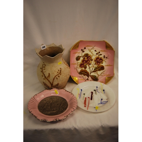 388 - STONEWARE VASE & 3 PLATES