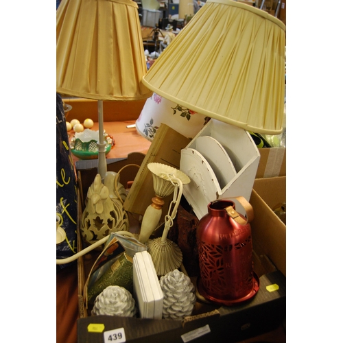 439 - BOX OF TABLE LAMPS, LETTER RACK, FIR CONE BOOKENDS, ETC