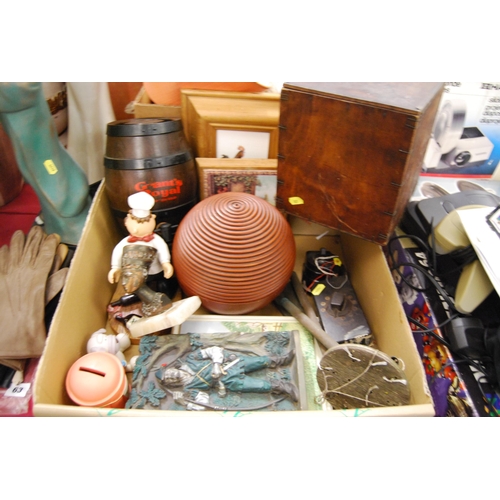 64 - TERRACOTTA SPHERICAL FINIAL, GRANTS ROYAL WHISKY BARREL, WOODEN BOX, ETC