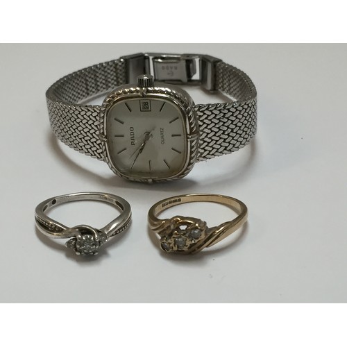 2 - SILVER RING SET DIAMONDS, 9CT GOLD & DIAMOND RING (2.2g) AND LADIES RADO WRISTWATCH P2300248385, P23... 