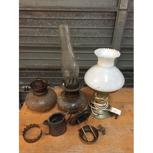 31 - PAIR OF VINTAGE CUT GLASS OIL LAMPS AND ELECTRIC LAMP