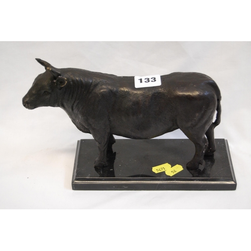 133 - BRONZE SCULPTURE OF A BULL ON MARBLE PLINTH